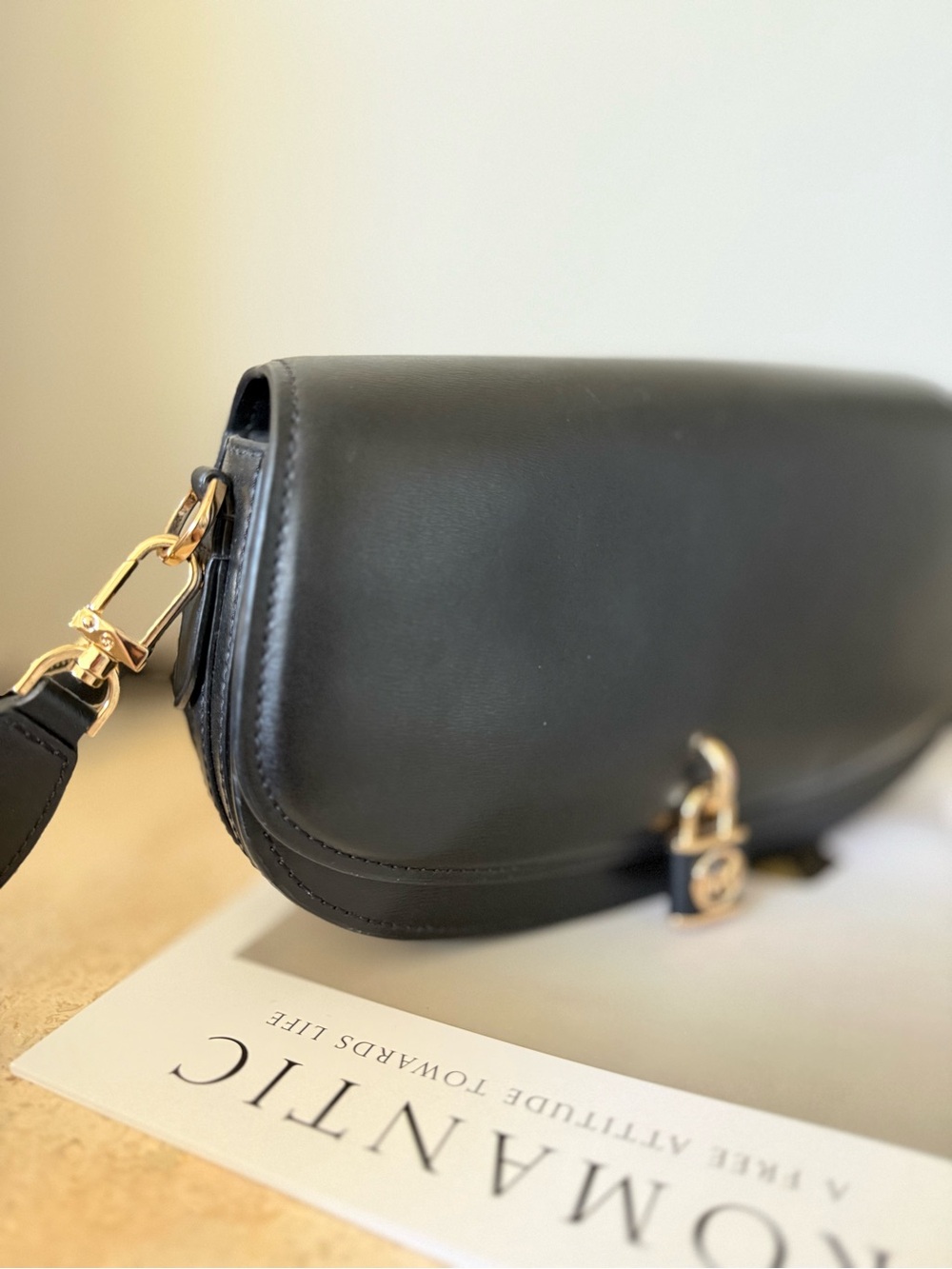 Michael Kors Black Leather Shoulder Bag Wide Strap Gold Hardware NWT - Picture 13 of 14